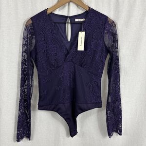 Mi Ami Francescas Purple Lace Babydoll Romantic Whimsy LS Bodysuit Sz S Boho